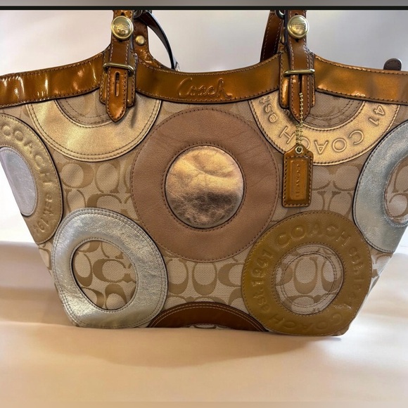 Coach Handbags - Coach Signature Circle Appliqué Tote in Tan, Metallic Gold & Silver